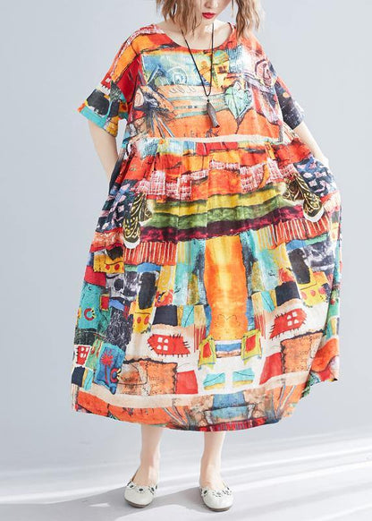 Unique Print O-neck Cotton Loose Summer Mid Dress