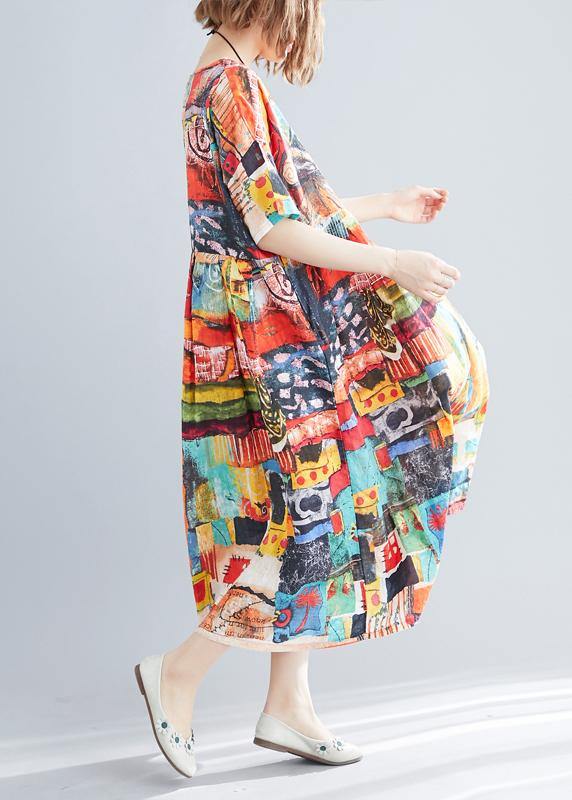 Unique Print O-neck Cotton Loose Summer Mid Dress
