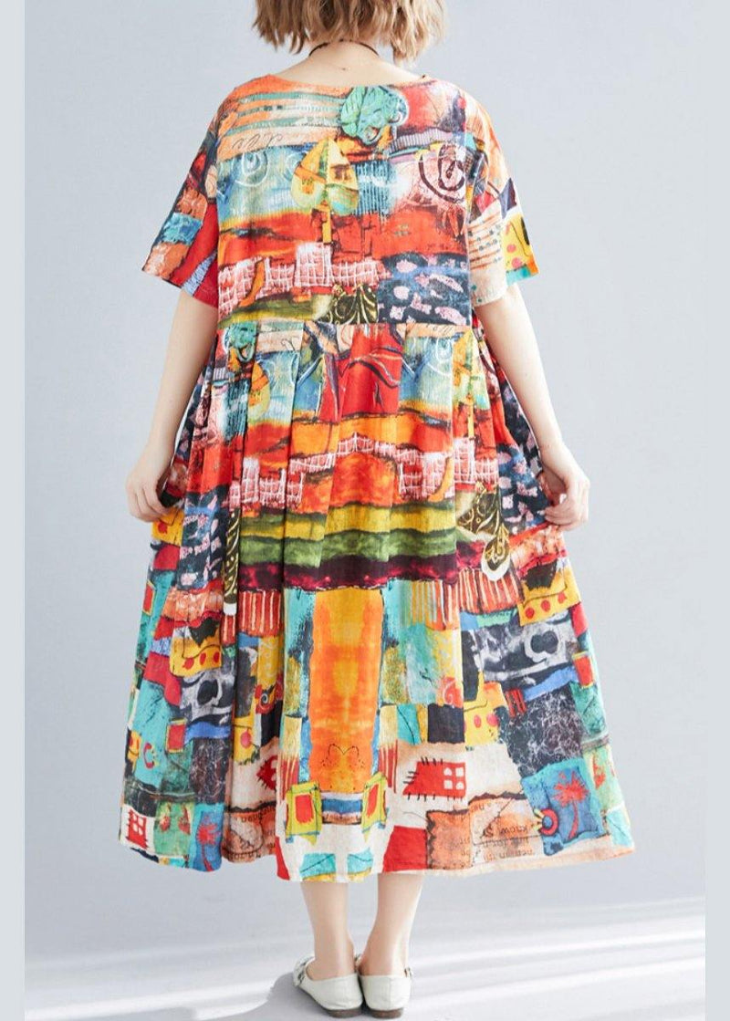 Unique Print O-neck Cotton Loose Summer Mid Dress