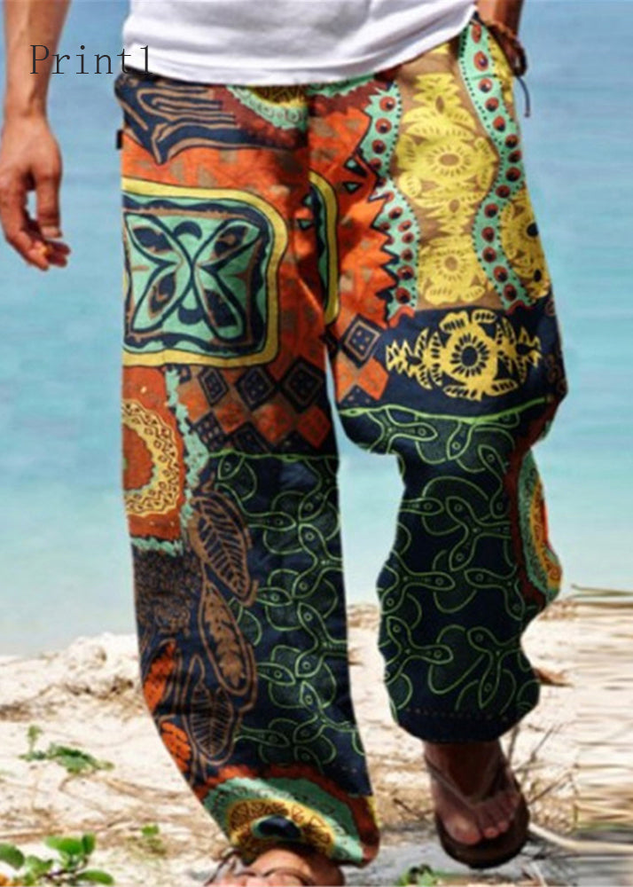 Unique Print Pockets Elastic Waist Cotton Pants Summer