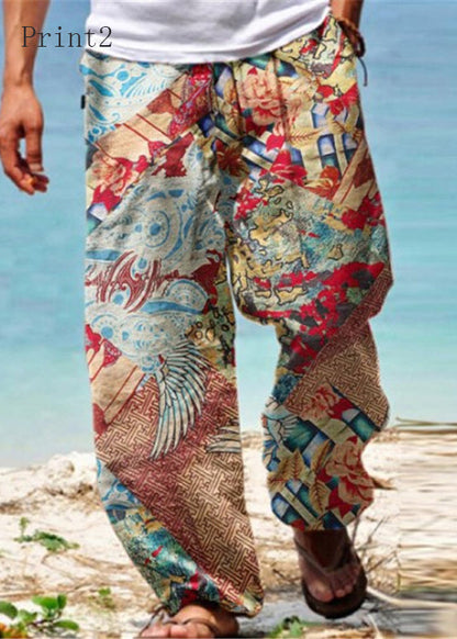 Unique Print Pockets Elastic Waist Cotton Pants Summer