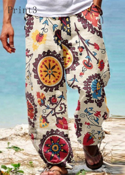 Unique Print Pockets Elastic Waist Cotton Pants Summer