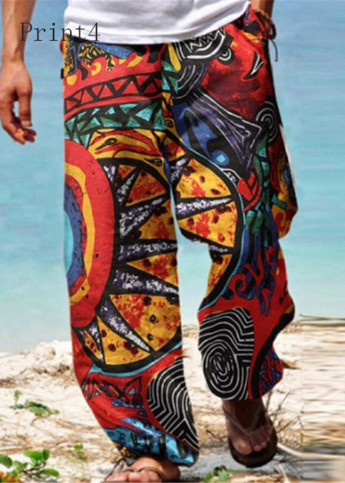 Unique Print Pockets Elastic Waist Cotton Pants Summer
