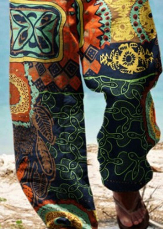 Unique Print Pockets Elastic Waist Cotton Pants Summer
