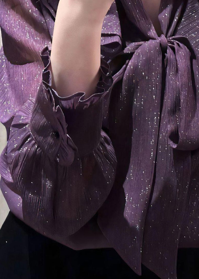 Unique Purple Bow Ruffled Shirt Spring
