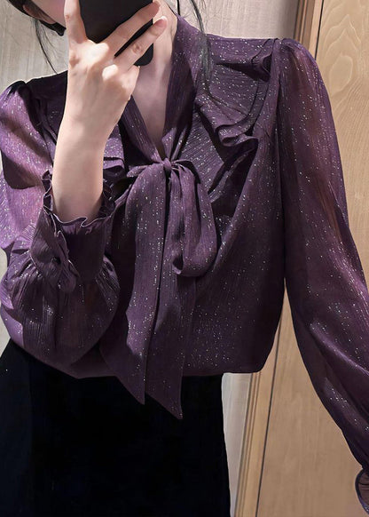 Unique Purple Bow Ruffled Solid Shirt Spring