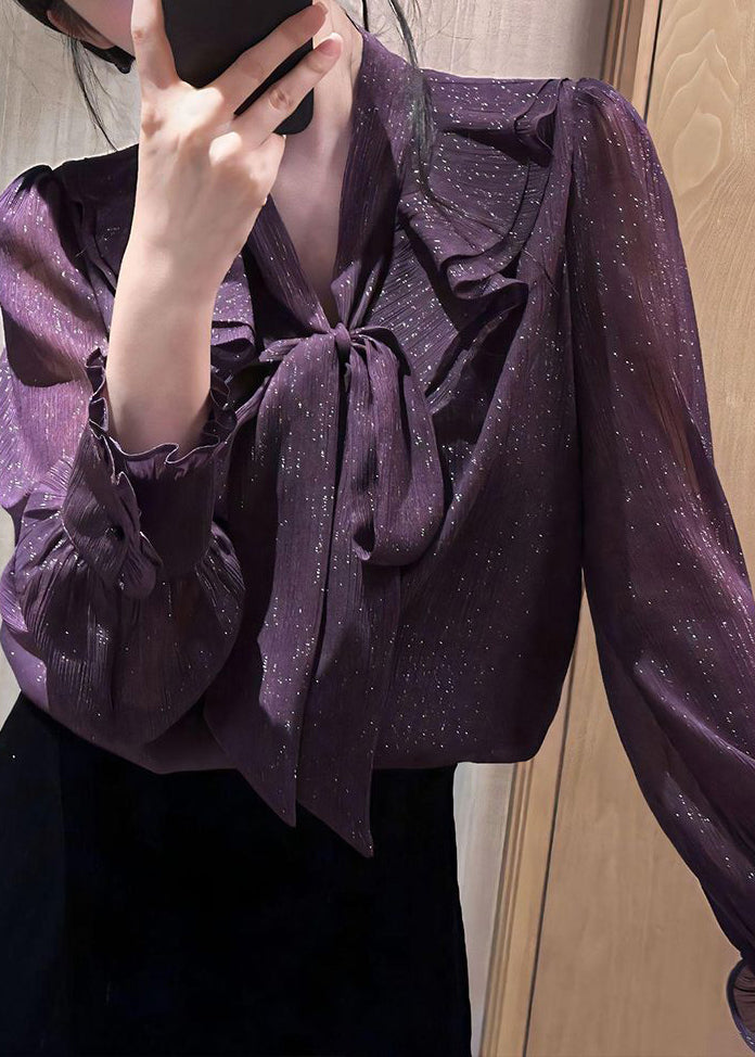 Unique Purple Bow Ruffled Shirt Spring
