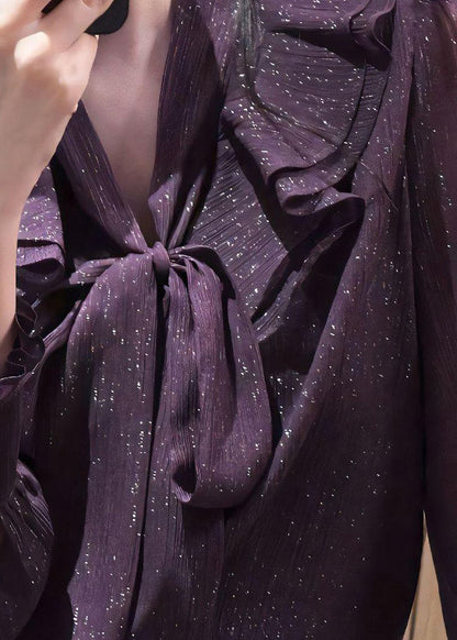 Unique Purple Bow Ruffled Solid Shirt Spring