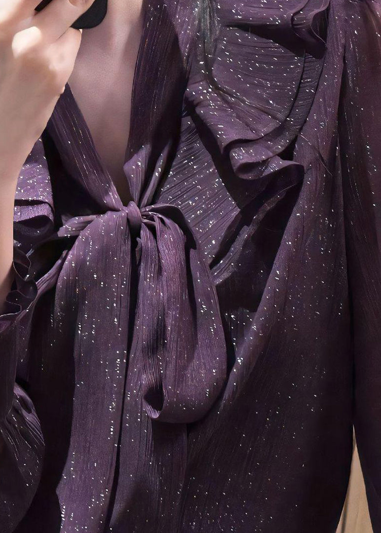 Unique Purple Bow Ruffled Shirt Spring