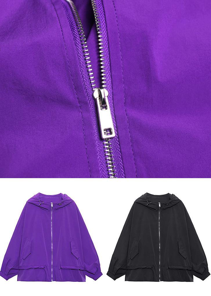 Unique Purple Cotton Letter Zippered Hooded Coat Spring
