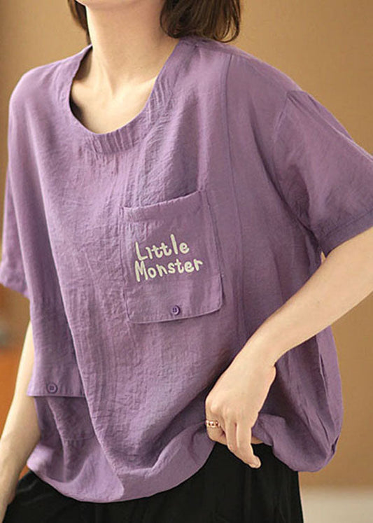Unique Purple O-neck Drawstring Pocket Letter Print Cotton Top Short Sleeve