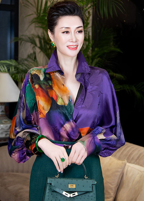 Unique Purple Peter Pan Collar Tie Dye Button Silk Shirts Fall
