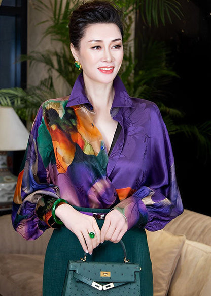 Unique Purple Peter Pan Collar Tie Dye Button Silk Shirts Fall
