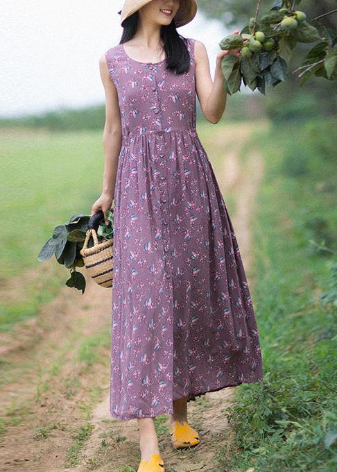 Unique Purple Print Dresses O-neck Button Summer Sleeveless Dress