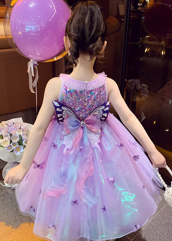 Unique Purple Sequins Butterfly Tulle Kids Robe Dresses Summer