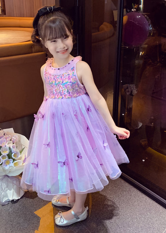 Unique Purple Sequins Butterfly Tulle Kids Robe Dresses Summer