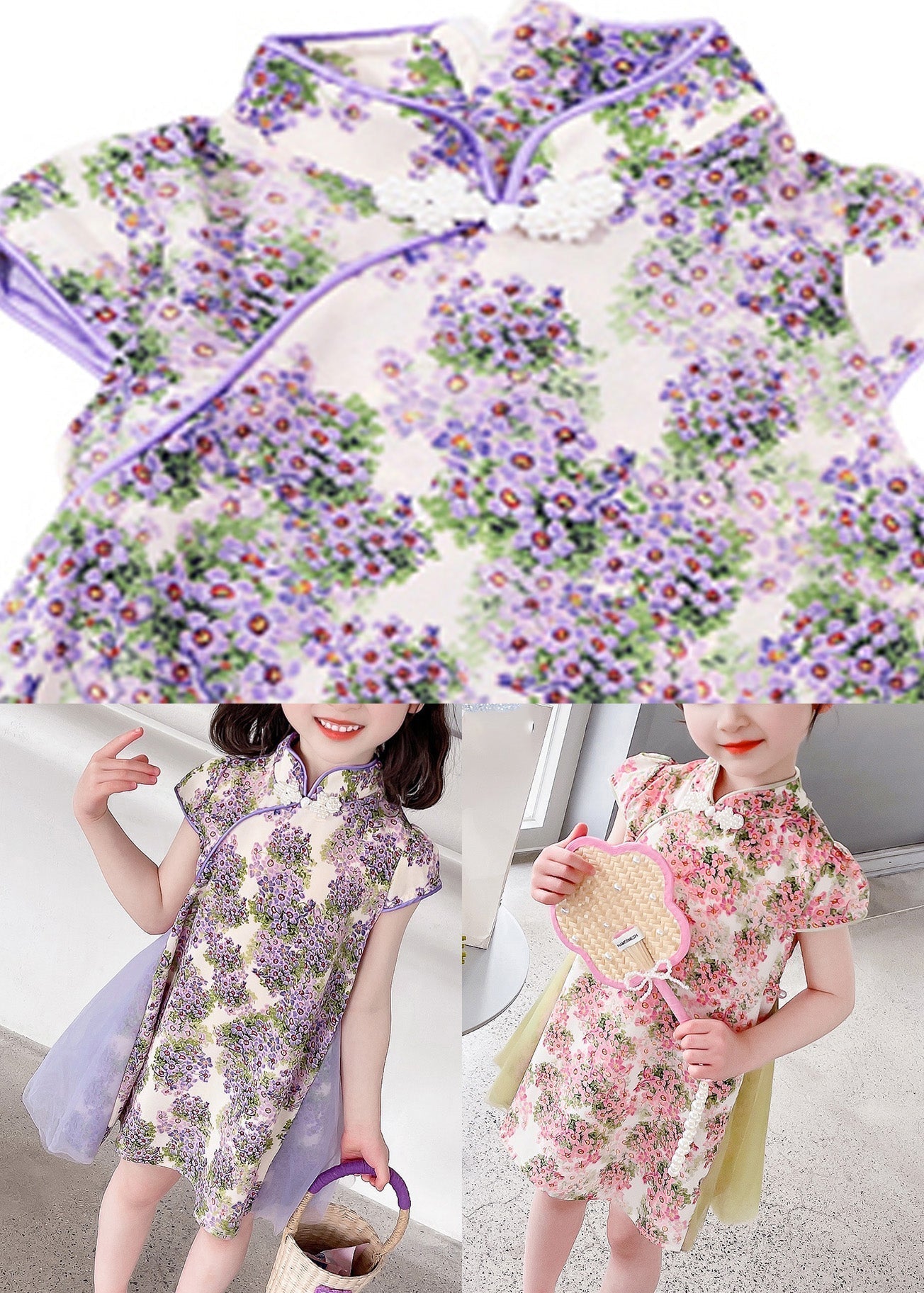 Unique Purple Stand Collar Print Mid Dress Summer