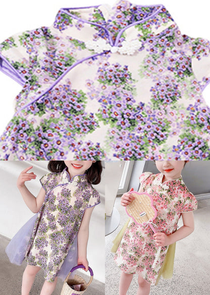 Unique Purple Stand Collar Print Mid Dress Summer