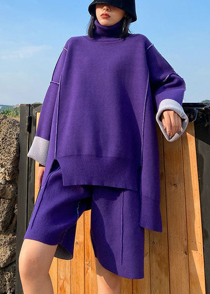 Unique Purple Asymmetrical Design Patchwork Knit Fall Two Pieces Set