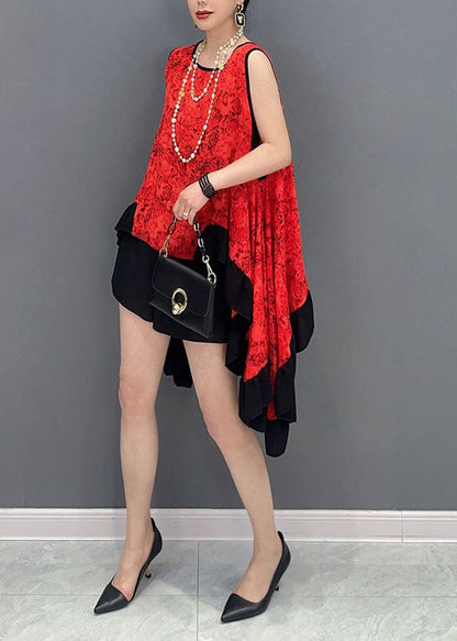 Unique Red Asymmetrical Exra Large Hem Lace Tops Sleeveless