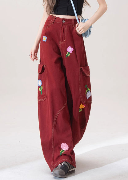 Unique Red Embroidered Pockets Denim Wide Leg Pants Spring