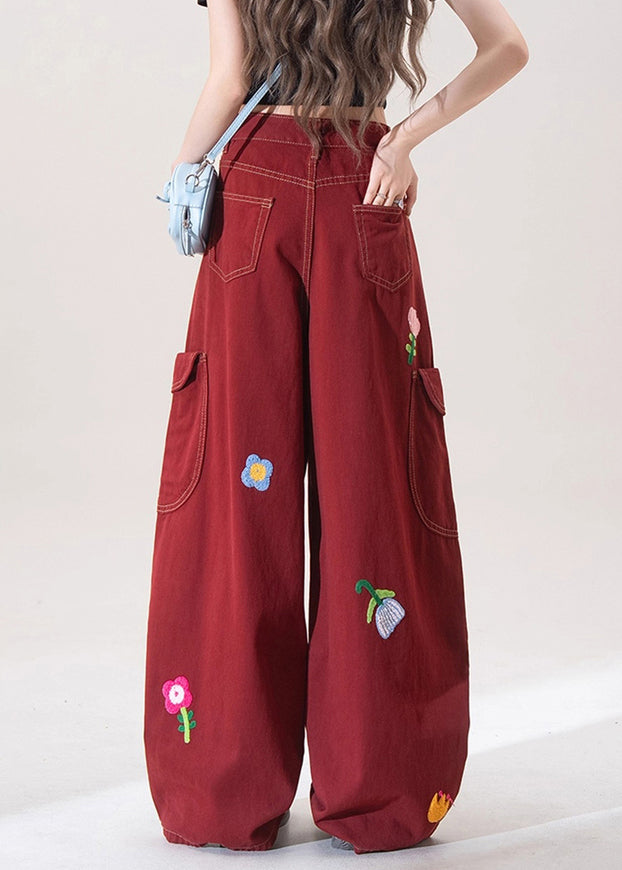 Unique Red Embroidered Pockets Denim Wide Leg Pants Spring
