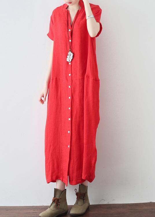 Unique Red Low High Design V Neck Linen Summer Robe