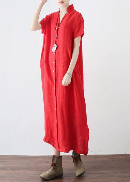 Unique Red Low High Design V Neck Linen Summer Robe