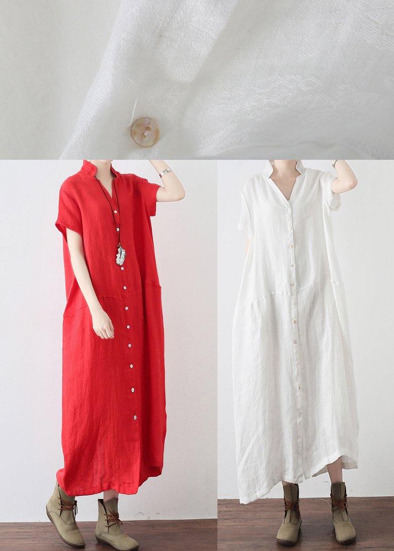 Unique Red Low High Design V Neck Linen Summer Robe