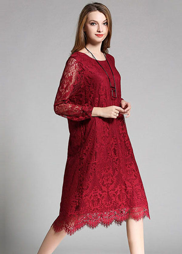 Unique Red O-neck Hollow Out Lace Long Dress Long Sleeve