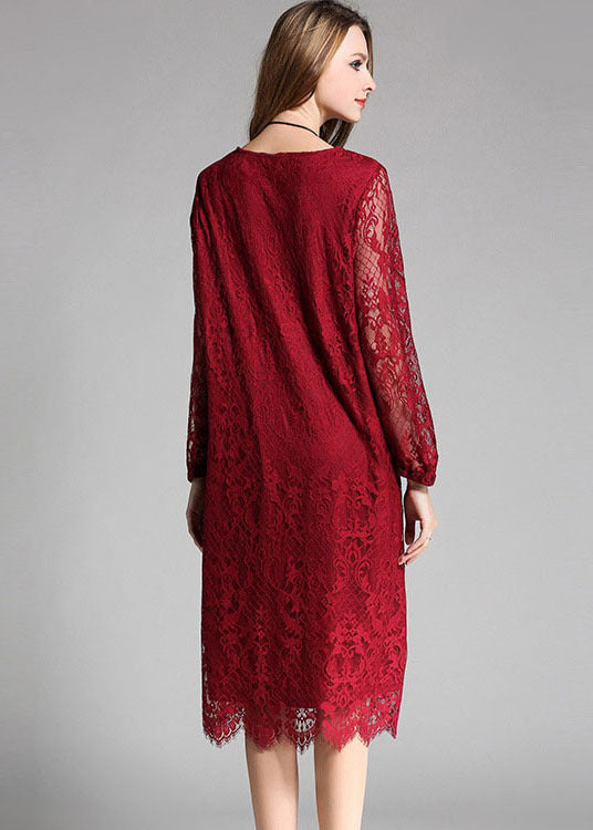 Unique Red O-neck Hollow Out Lace Long Dress Long Sleeve