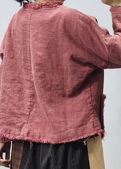 Unique Red O-Neck Patchwork Linen Pullover Streetwear Long Sleeve