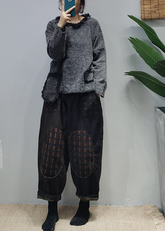 Unique Red O-neck Patchwork Linen Pullover Long Sleeve