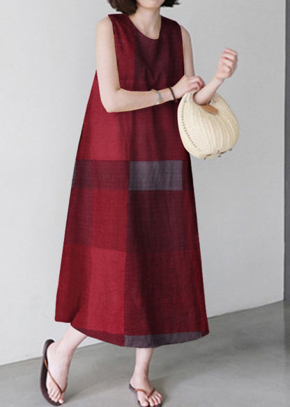 Unique Red O-neck Plaid Maxi Dress Sleeveless
