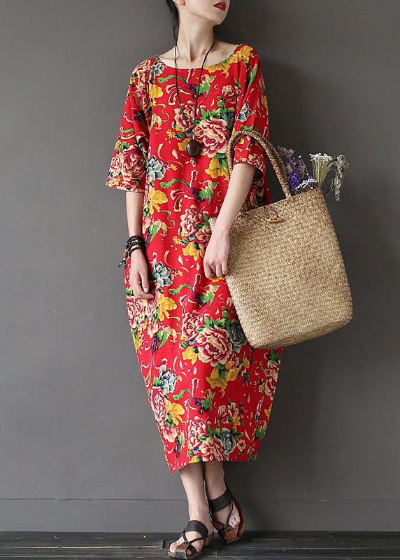 Unique Red O-neck Print Holiday Cozy Maxi Dress Summer