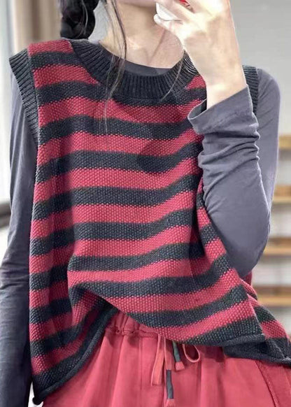Unique Red O-neck Striped Knit Vest Spring