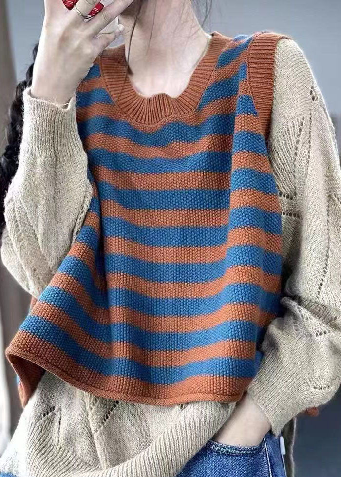 Unique Red O-neck Striped Knit Vest Spring