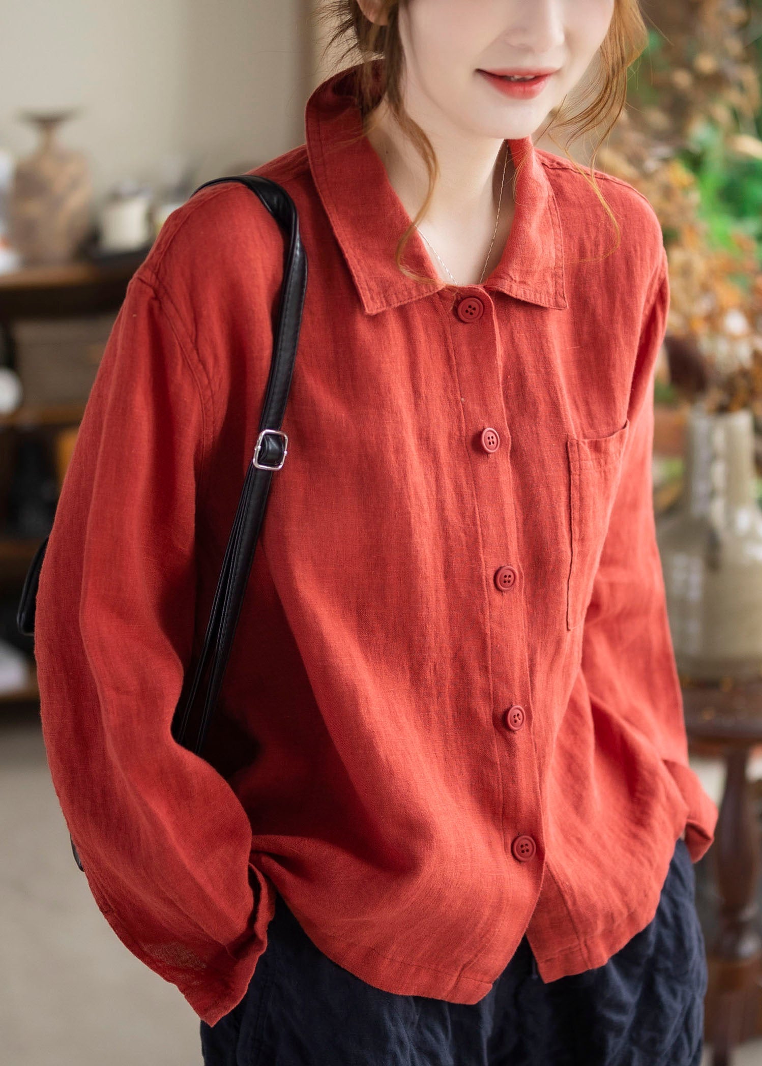 Unique Red Peter Pan Collar Button Linen Shirts Long Sleeve