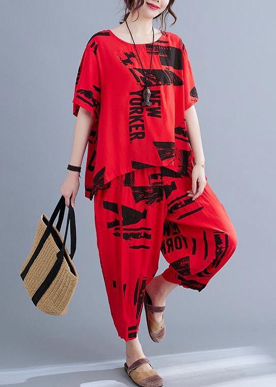Unique Red Print O-neck Two Pieces Set Summer