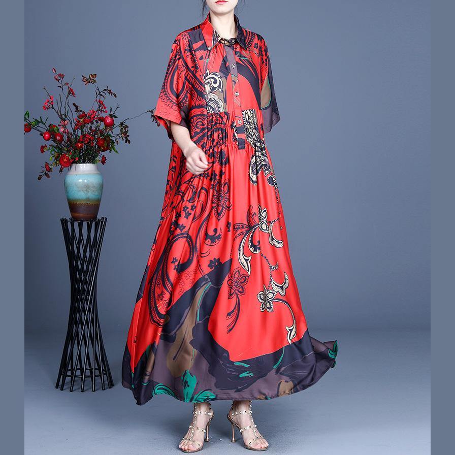 Unique Red Print Asymmetrical Design Mid Dress Summer Silk