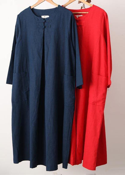 Unique Red Tunics O Neck Pockets Robe Spring Dresses