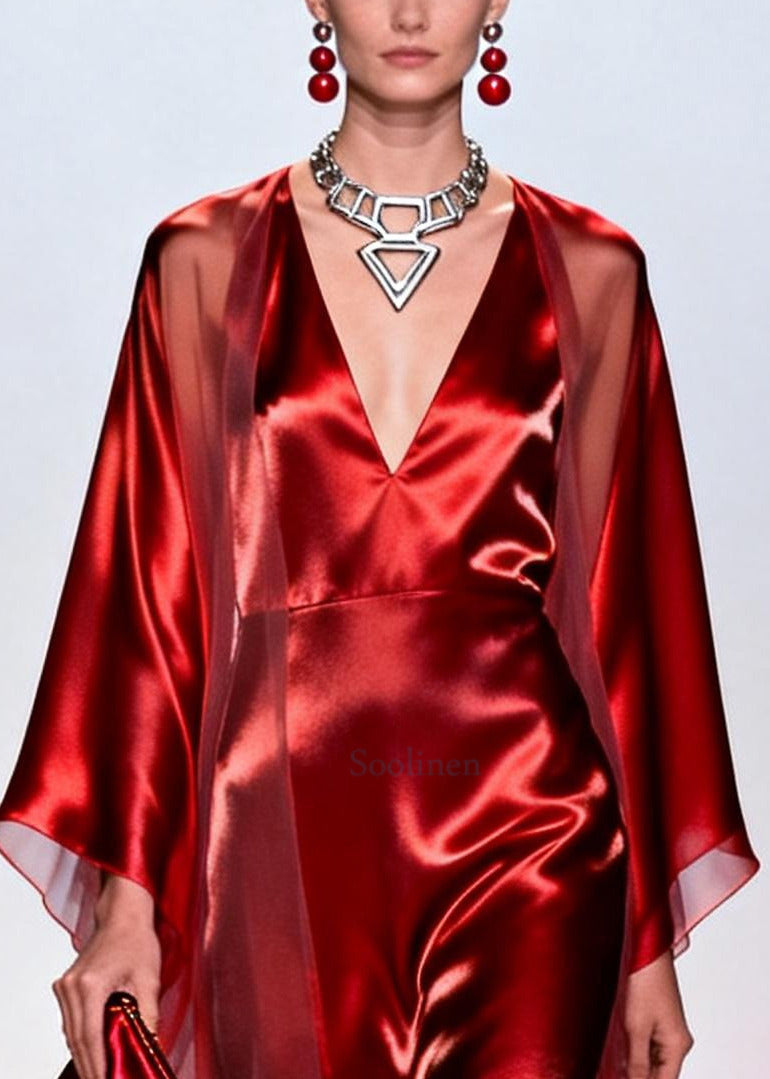 Unique Red V Neck Patchwork Tulle Maxi Dresses Summer