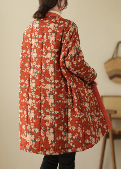 Unique Red V Neck Print Thick Cotton Filled Parka Winter