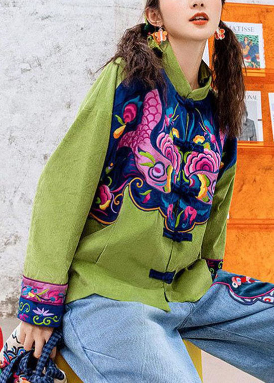 Unique Red Button Stand Collar Embroideried Corduroy Coat Spring