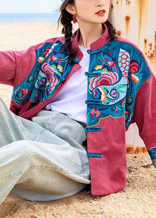 Unique Red Button Stand Collar Embroideried Corduroy Coat Spring