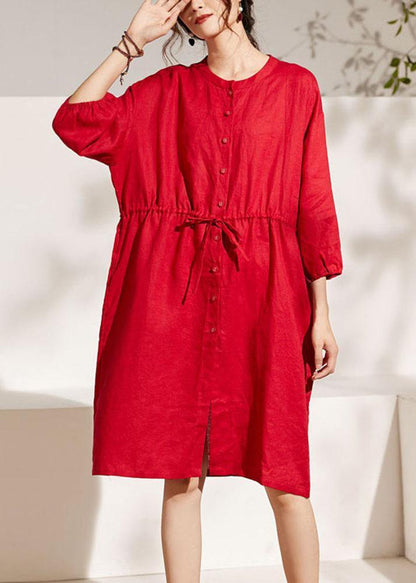 Unique Red Lantern Sleeve Tie Waist Button Summer Ramie Vacation Dresses Half Sleeve