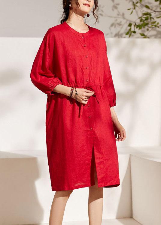 Unique Red Lantern Sleeve Tie Waist Button Summer Ramie Vacation Dresses Half Sleeve