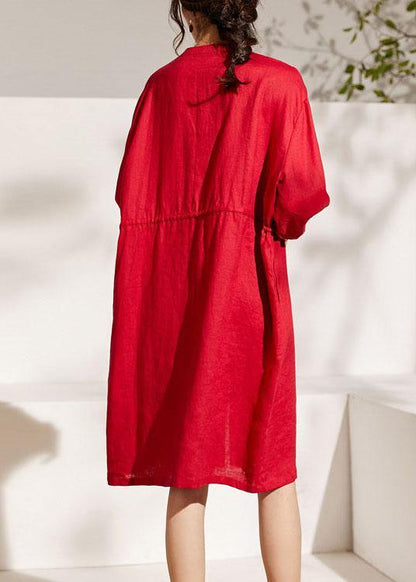 Unique Red Lantern Sleeve Tie Waist Button Summer Ramie Vacation Dresses Half Sleeve