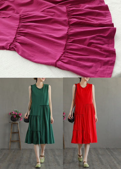 Unique Rose O-neck Wrinkled Cotton Maxi Dresses Sleeveless