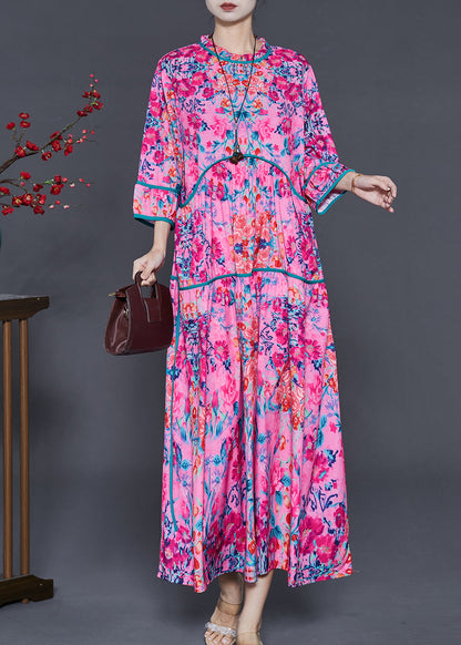 Unique Rose Oversized Print Silk Maxi Dress Bracelet Sleeve